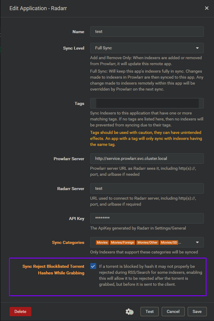 Prowlarr settings showing Sync Reject Blocklisted Torrent Hashes option