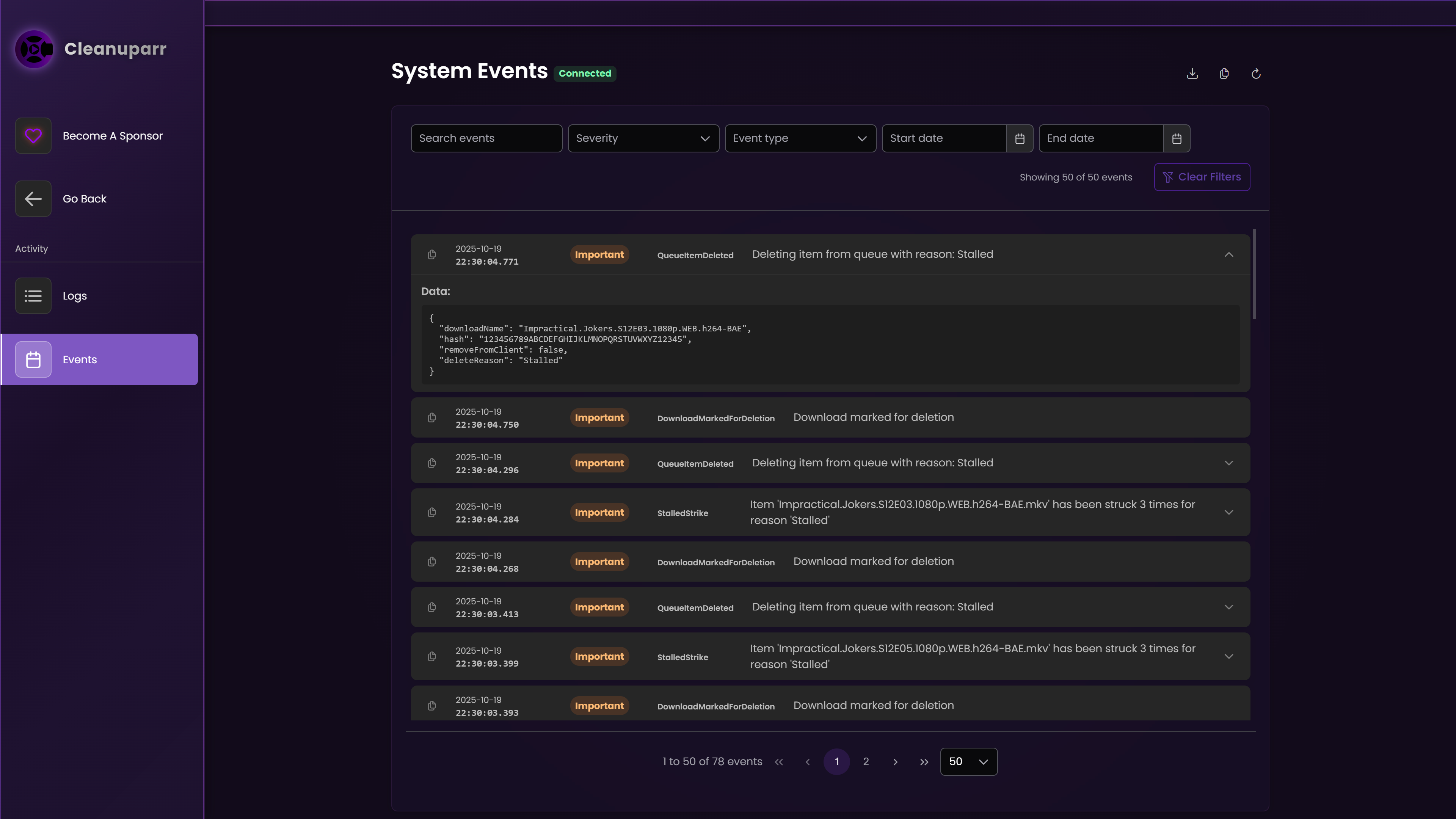 Events and Activity Log