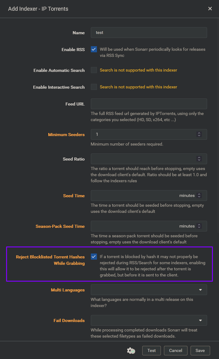 Sonarr settings showing Reject Blocklisted Torrent Hashes option