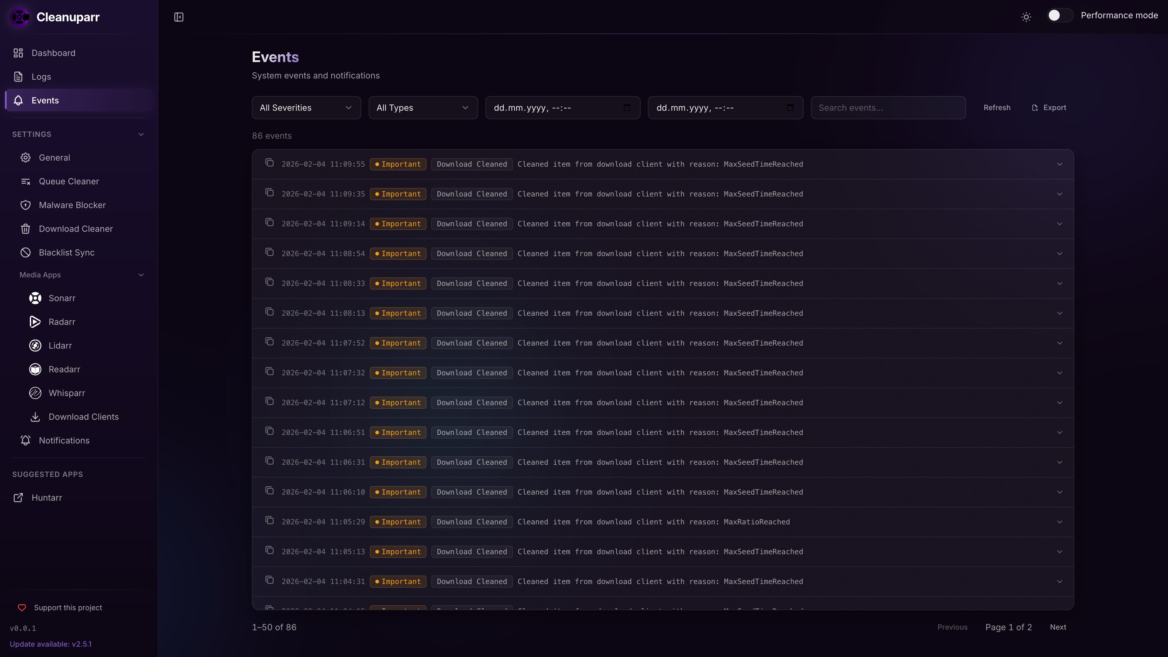 Events and Activity Log
